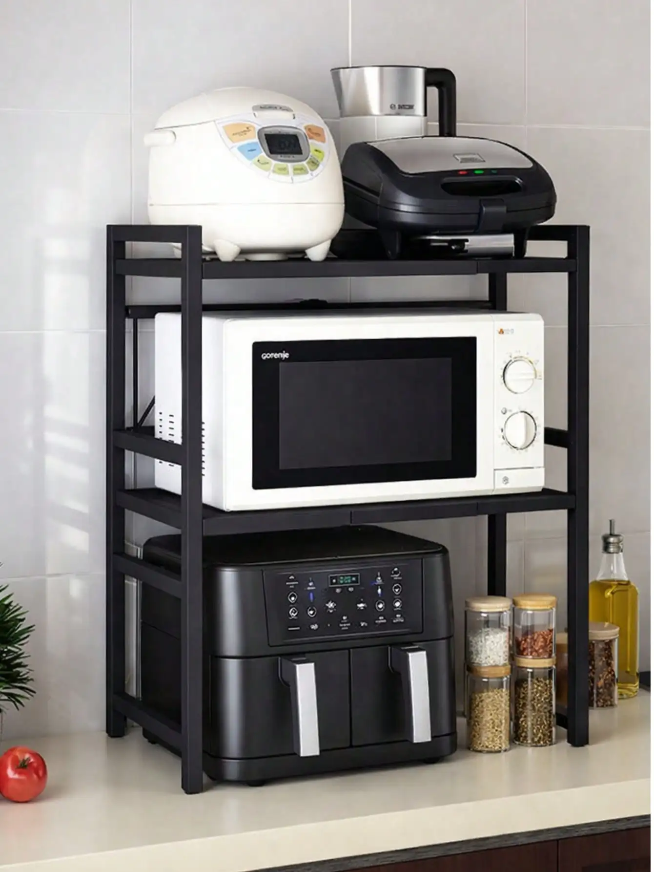 Magnetron-opbergrek, uitschuifbaar aanrechtrek voor ovens, rijstkokers en kruiden, vloerstaand rek, dubbele laag.