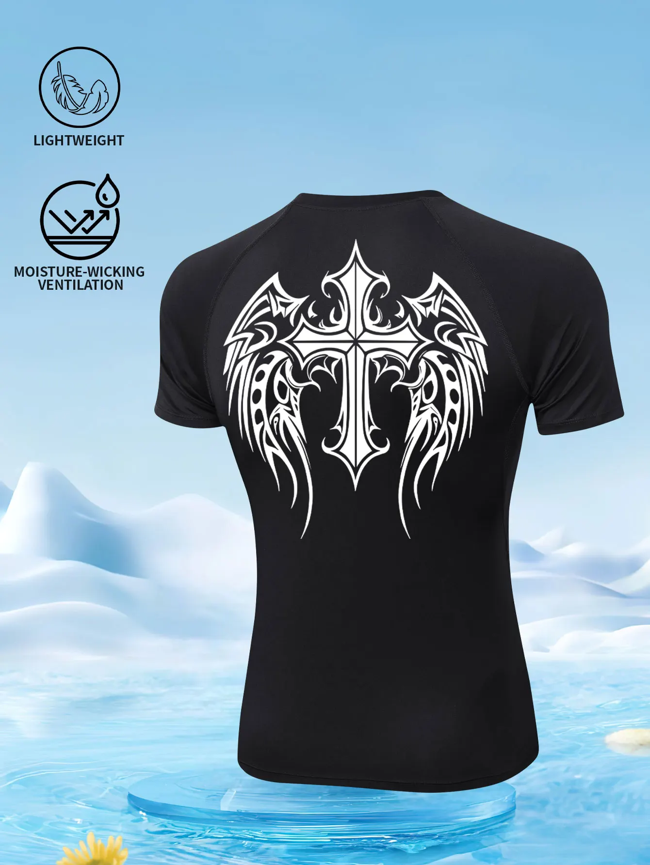 Sport-T-shirt met gekruiste print voor heren; fitnesstop; sporttop; compressieshirt; ademend, nauwsluitend, leggings