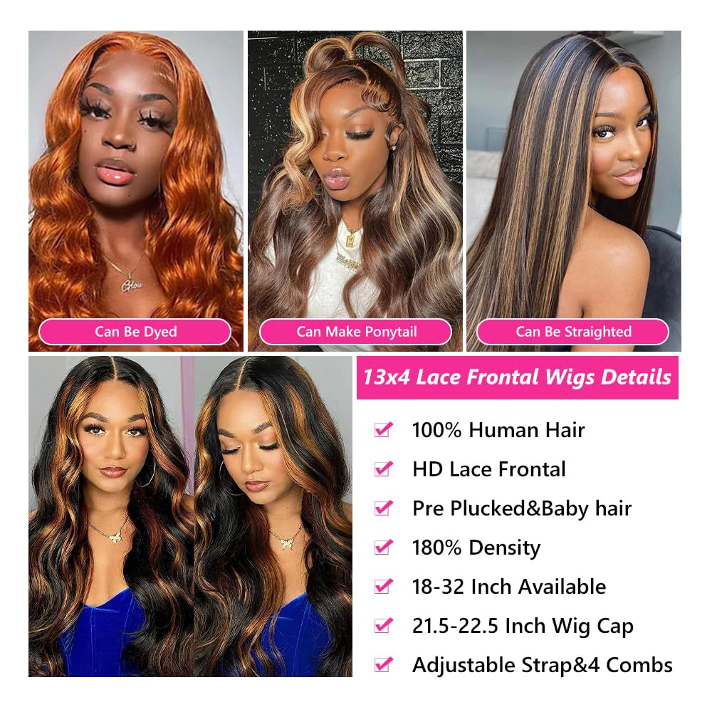 Highlight Ombre Lace Front Wig Human Hair Pre Plucked 1B/30 13x4 HD Lace Frontal Wig Human Hair for Women Body Wave Wig 180%