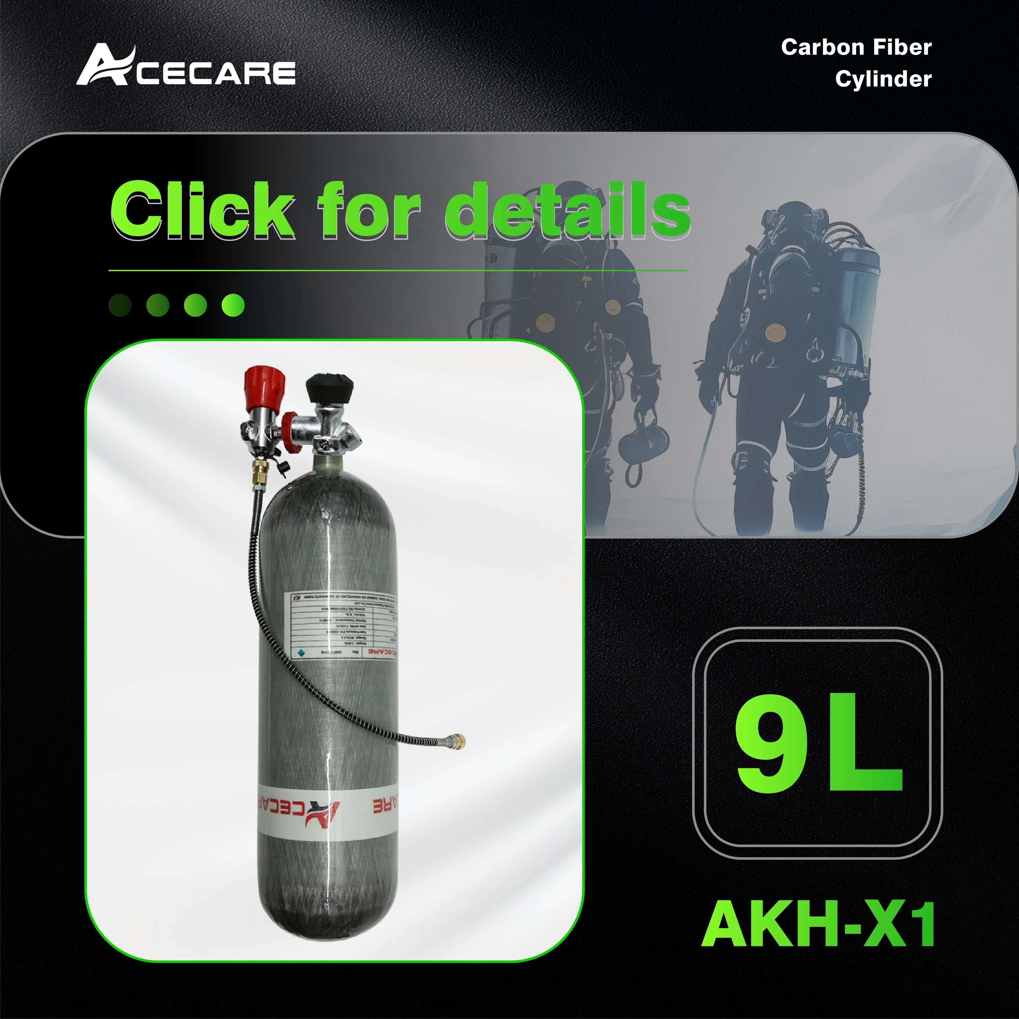 Acecare tangki udara tekanan tinggi, katup silinder serat karbon 9L CE 30mpa/300bar/4500psi dengan stasiun pengisian untuk menyelam SCBA