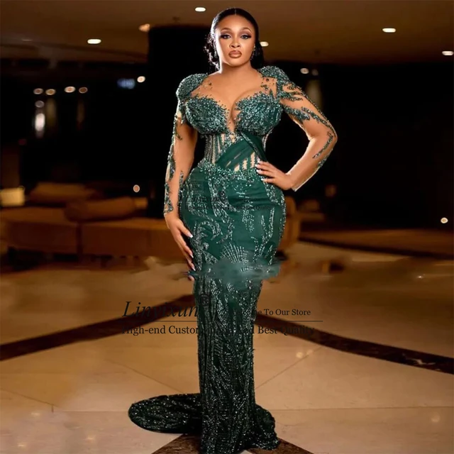 Classic Africa Sequined Evening Gowns Deep V Neck Long Sleeves Long Mermaid Prom Dress Sweep Train Women s Special Occasion Gown AliExpress