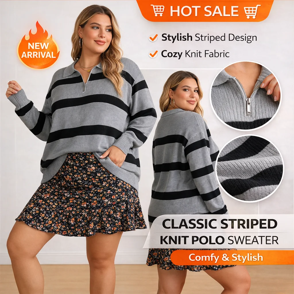 

Женский трикотажный свитер-поло больших размеров, полосатый, с длинным рукавом, легкий, на молнии, свободного кроя, мягкий, повседневный топ