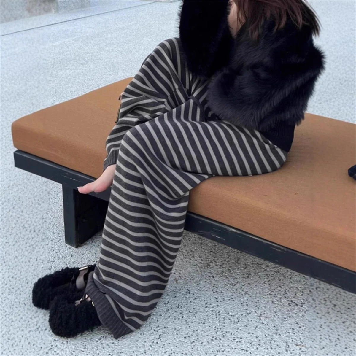 خمر الجرونج فضفاض محبوك سراويل تقليدية Harajuku التباين اللون شريط واسعة الساق بنطلون Y2k الجمالية النساء السراويل المستقيمة #6