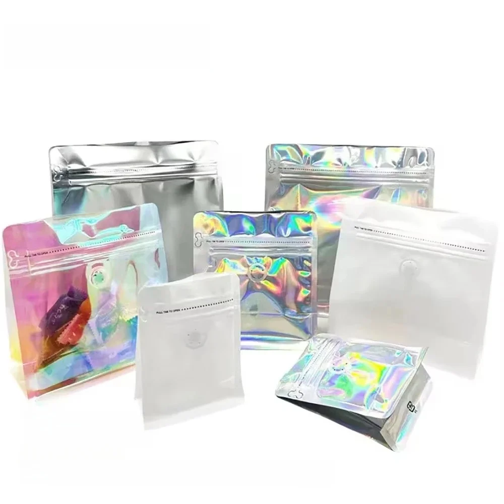 100 stks Holografische Ziplock Mylar Koffieboon Gebraden Zak 50g 125g 250g 500g Plastic Verpakking Voedsel thee Noten Aangepaste Logo Verpakking - afbeelding 2