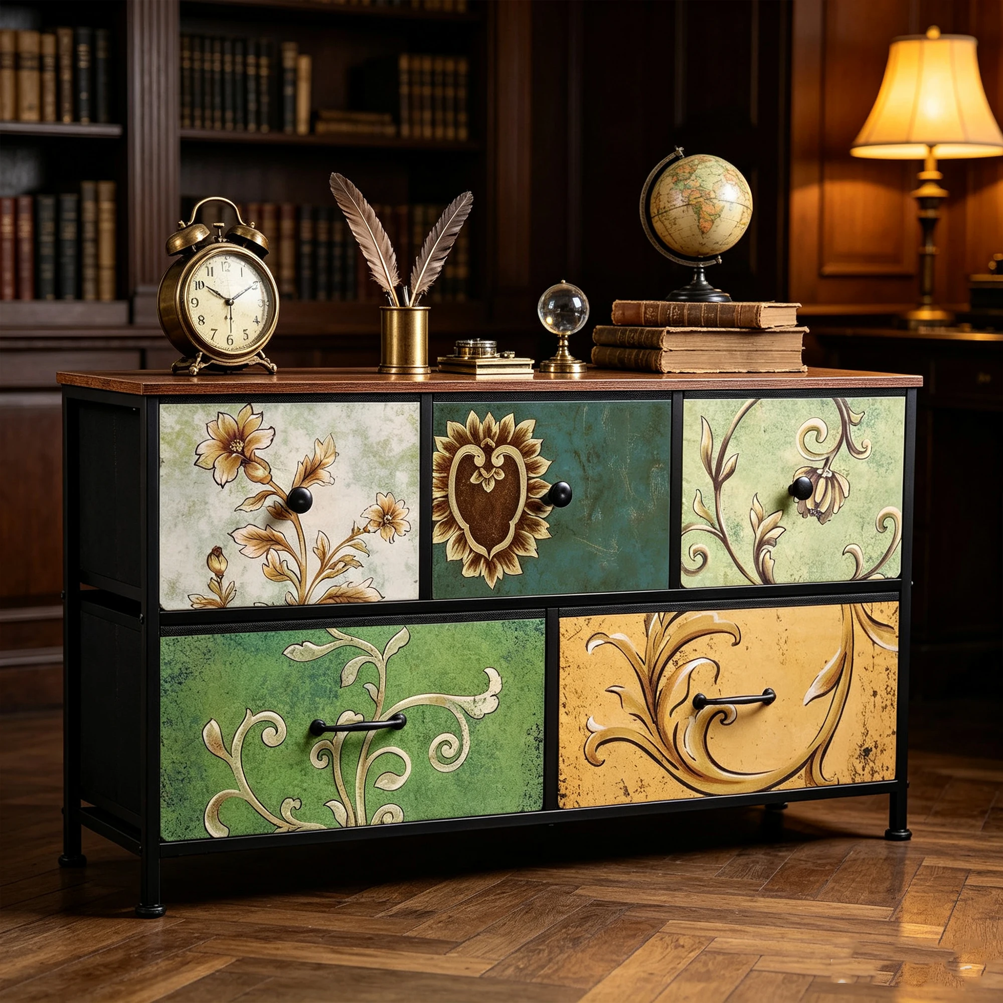 Anajqaqia Kommode mit 5 Stoffschubladen, Vintage-Kommode mit Holzplatte, Schubladenschrank mit stabilem Stahlrahmen, TV-Schrank für Schlafzimmer, Wohnzimmer, 100×30×55,2 cm