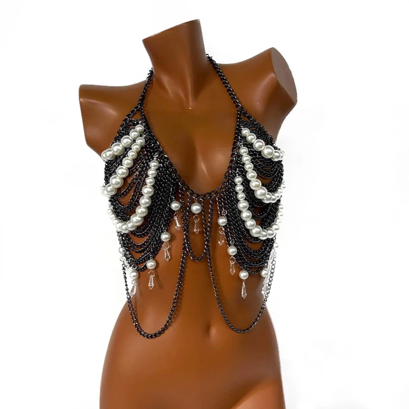 Handmade Y2K Women Pearl Chain Halter Top Bra Harness Body Chain Jewelry Rave Bikini Cover Up Bridal Beaded Bralette In Black