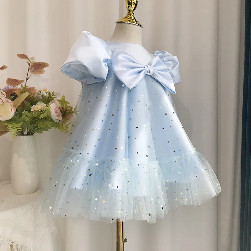 Elegant Baby Girls First Comminion Light Blue Front Bow Sequin Princess Dress 2024 New Toddler Puff Sleeve Birthday Dress