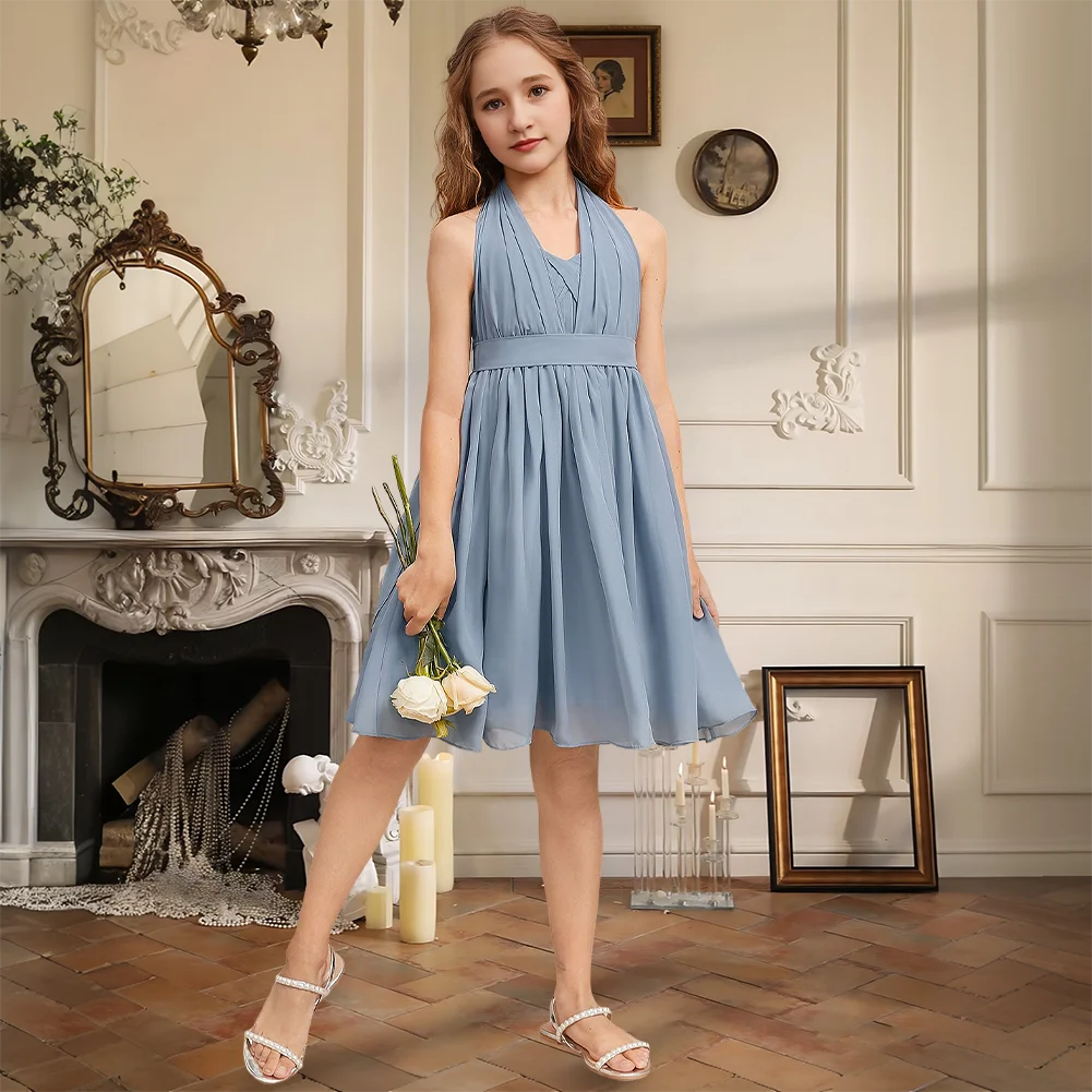 

A Line One Shoulder Knee Length Chiffon Junior Bridesmaid Dress Flower Girl Dress Convertible Girls Party Wedding Formal Special