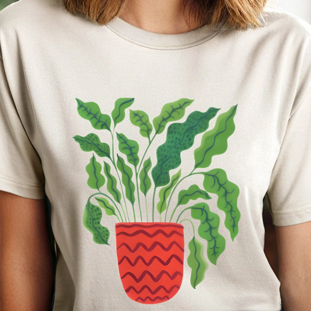 

Hand Painted Potted Plant Sticker Print Fresh Simple Summer Women Pure Cotton Breathable Comfortable Daily Casual Short Sleeve T
