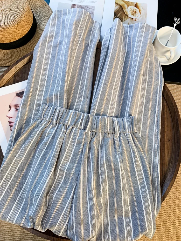 Pantalon à jambes larges à rayures grises pour femmes, nouvelle collection automne 2023, Chic coréen, bureau, fille, taille haute, tombant, pantalons décontractés