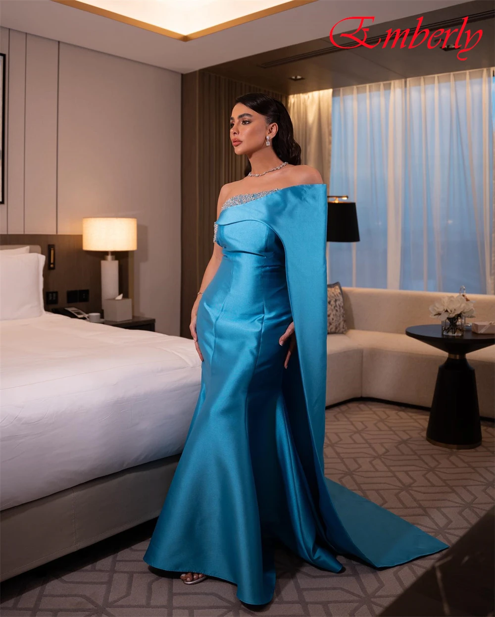 Customized Off the Shoulder Satin Mermaid Evening Dress Sparkly Crystal Party Dresses Temperament Special Occasion Gowns