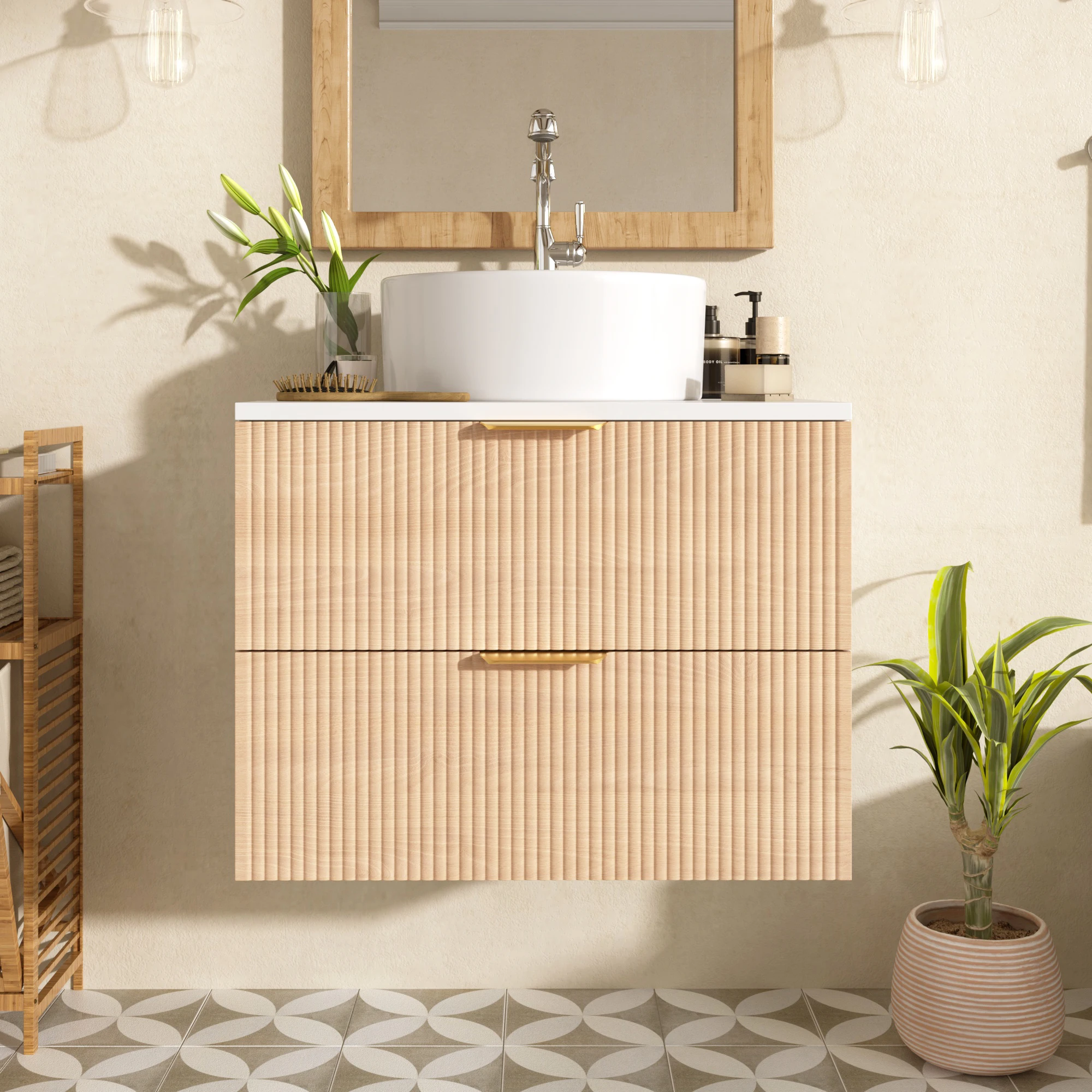 Wooden Wall-Mounted Bathroom Cabinet, Multifunctional Storage Cabinet with Round Ceramic Sink and Two Built-in Drawer Storage Cabinets, Furniture for Bathrooms, Laundry Rooms and Other Small Spaces