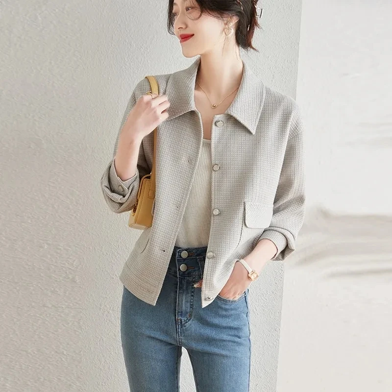 

New Spring Autumn Straight Turn Collar Jacket Coarse Woolen Single Breasted Simple Slim Fit Women's Coat