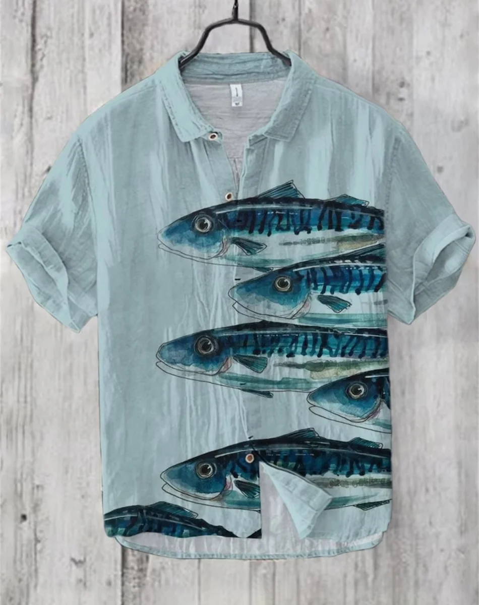 Henry Shirt - เสื้อยืดลําลองแขนสั้นผู้ชายใหม่ ท็อปส์ซูชุดลําลองทุกวัน เสื้อผ้าพิมพ์ลายปลา ไซส์ S ถึง 5XL