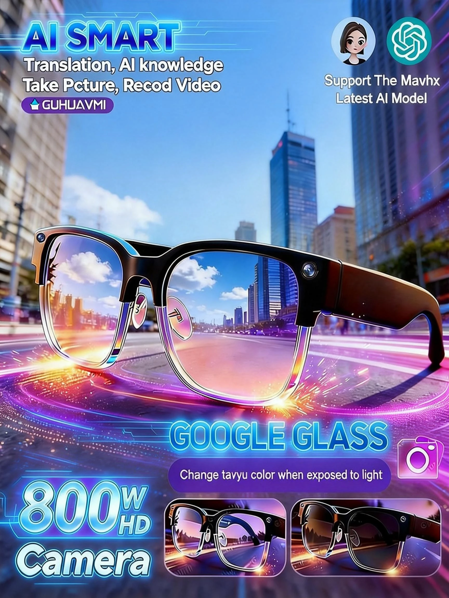 2026 Neue 800W Pixel Upgrade Smart-Brille mit Kamera, 1080P Videoaufnahme, KI-Fotoerkennung, Bluetooth-Anrufe, Sprachassistent, Sprachübersetzung, Smart-Sonnenbrille für Herren und Damen