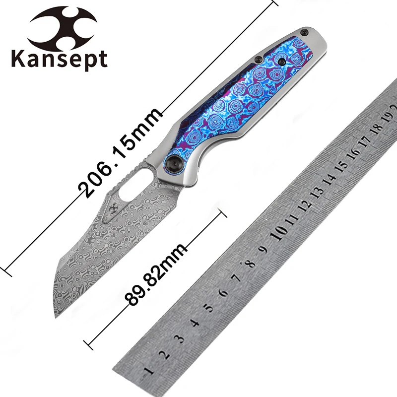 Kansept Tuckamore K1052A7 Folding Knife 3.54'' Damascus + Titanium + Timascus + Timascus Clip Handle for EDC Pocket Knife