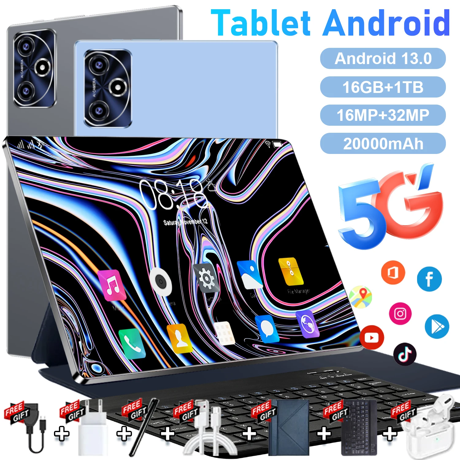 Tablet Android 5G Versão Global 2026 Novo Tablet de 10,36 Polegadas Android 16GB RAM 1TB ROM 20000mAh 14-Core Android 13 WiFi Dual SIM Rede Bluetooth WPS GPS