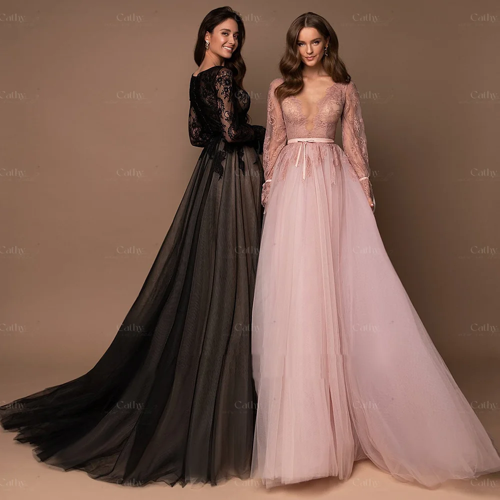 Cathy Sexy V-Neck Prom Dresses Black Tulle Party Dresses Elegant Lace Wedding Party Dresses Long Sleeve Evening Dresses