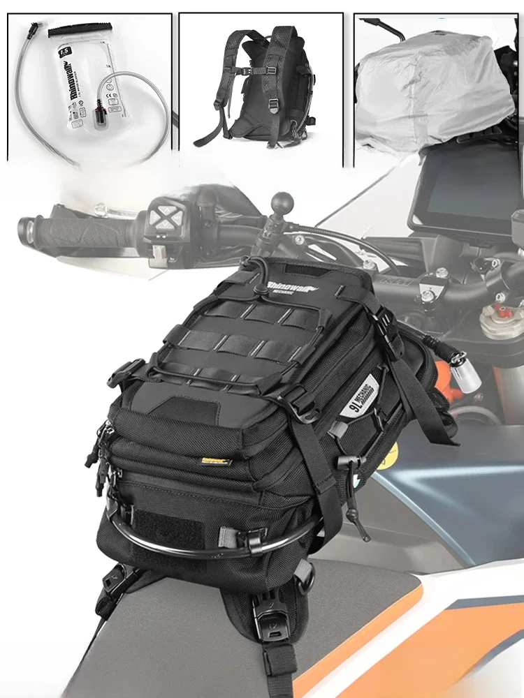 Torba motocyklowa na zbiornik Rhinowalk 9L Z osłoną przeciwdeszczową Wszechstronny plecak Z workiem na wodę 1,5L System MOLLE Wielokomorowy Uniwersalny — zdjęcie 2