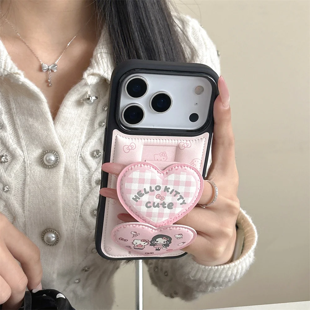 

Korean Leather Cartoon Phone Case for iPhone 17 15 Pro 16 Pro Max 17 Pro Max Cover With Hellokitty Stand Cute Shockproof Fundas