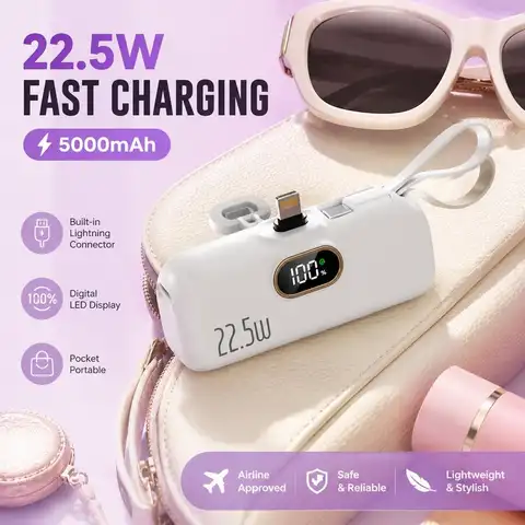 5000mAh Mini Portable Power Bank with Built-in Type-C Port, Fast Charging for Android, Lightweight Pocket Emergency Charger, Travel Essential