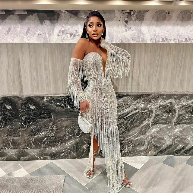Msikoods Sexy Prom Dress 2025 V Neck Shiny Sequin Tassel Customized Evening Dress Arabic Female Side Slit Elegant Party Gown