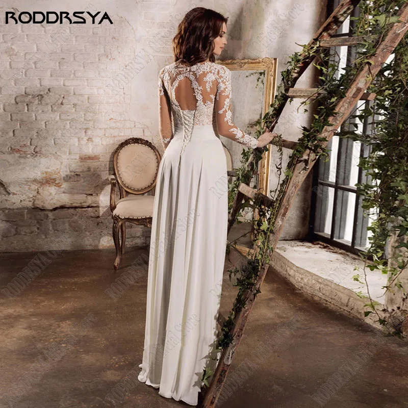 Roddrsya vestido de novia chiffon lado dividido en mangas largas aplicación vestido de novia con tirantes vRODDRSYA-vestido de novia de gasa con abertura lateral, manga larga, apliques con cordones, espalda descubierta