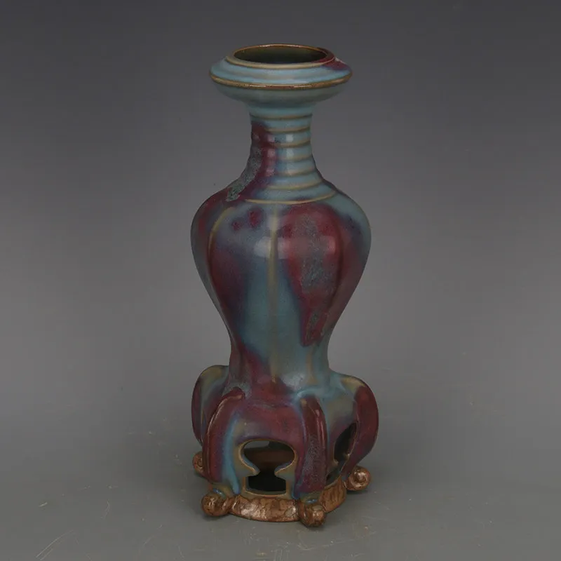 Song Dynasty Jun Kiln Style Blue Glaze Splashes Octagonal Lobed Zun Vase Porcelain Home Decor Collectible
