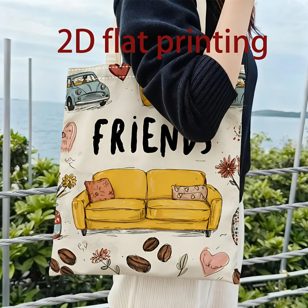 1 Piece of Friends Tv Show Themed Canvas Shoulder Bag with Yellow Sofa and Coffee Pattern, Lightweight Foldable Tote Bag with Fixed Shoulder Strap, Reusable Shopping Bag, Perfect Gift for Commuting, Travel, Shopping, School, and Holidays