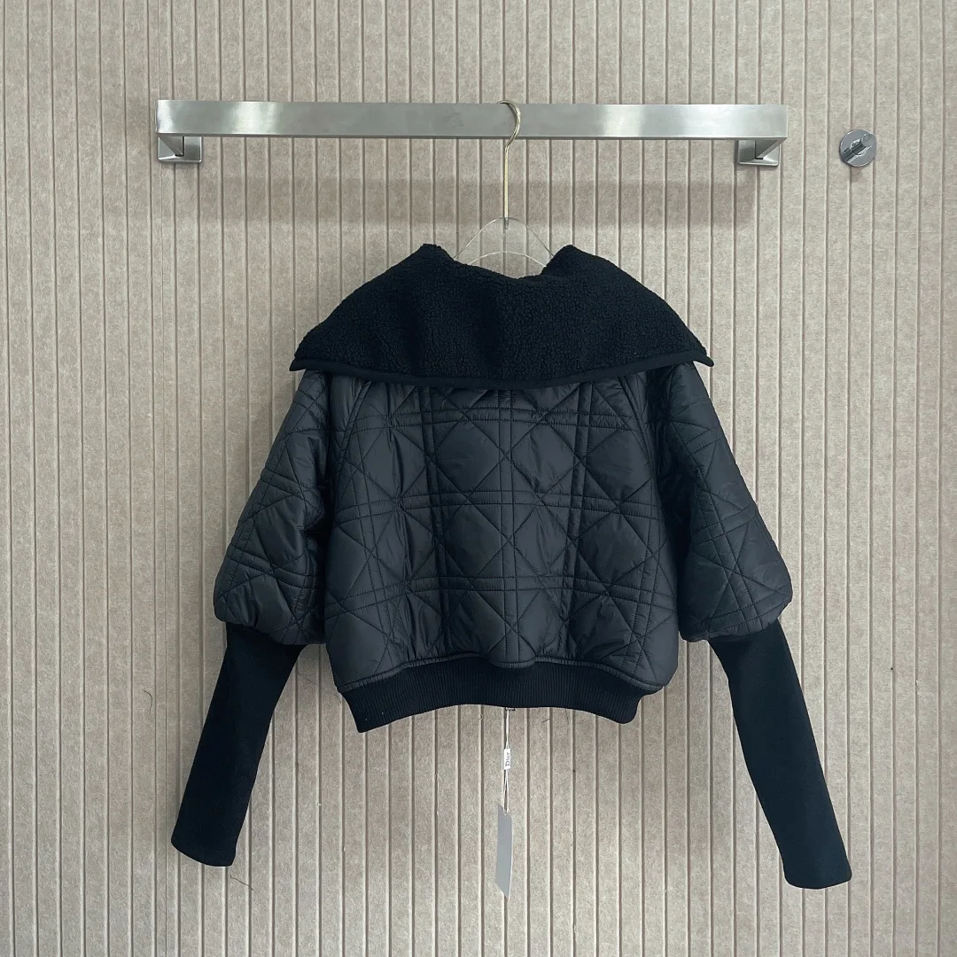 Manteau en coton à fermeture éclair pour femme, nouveau Style, col large, doublure intérieure en poils d'agneau, motif diamant, hiver 2025