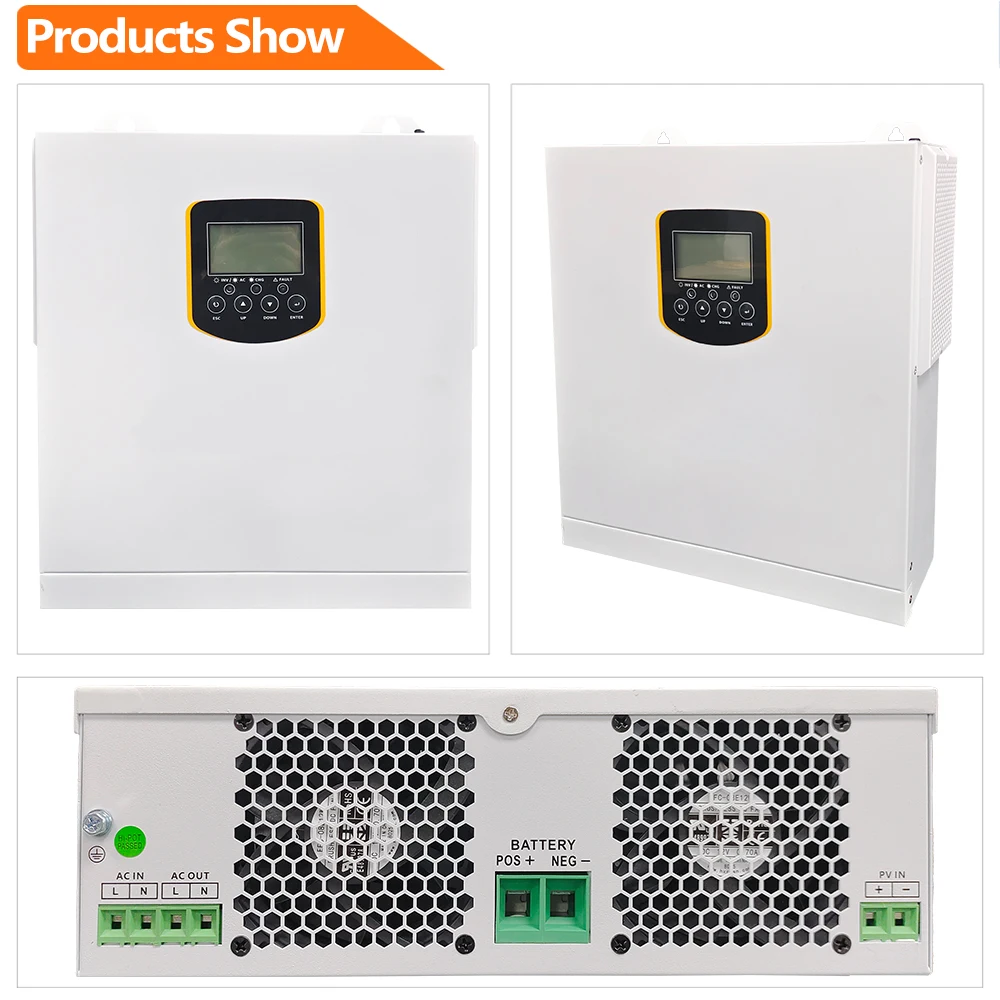 Powmrハイブリッドソーラーインバーター、太陽光発電ハイブリッドインバーター、最大出力pv 30-500v、100a mpptソーラー充電器内蔵、3.5kw、24v、220vac