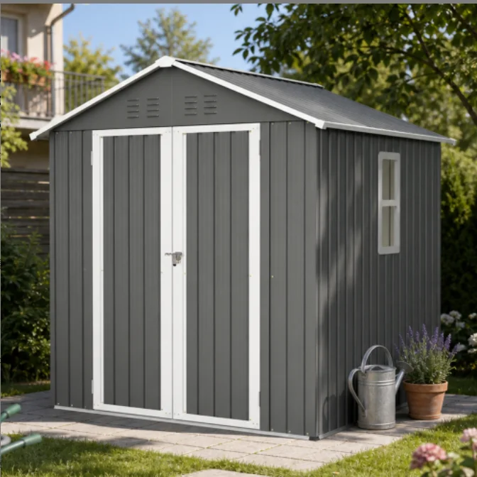 185x182x191cm Metalen Buitenberging Tuinschuur met Zadeldak Waterdicht Sneeuwbelastingsbestendig Inclusief Ventilatieroosters Slot Handschoenen Verankeringsmiddelen voor Patio Tuin