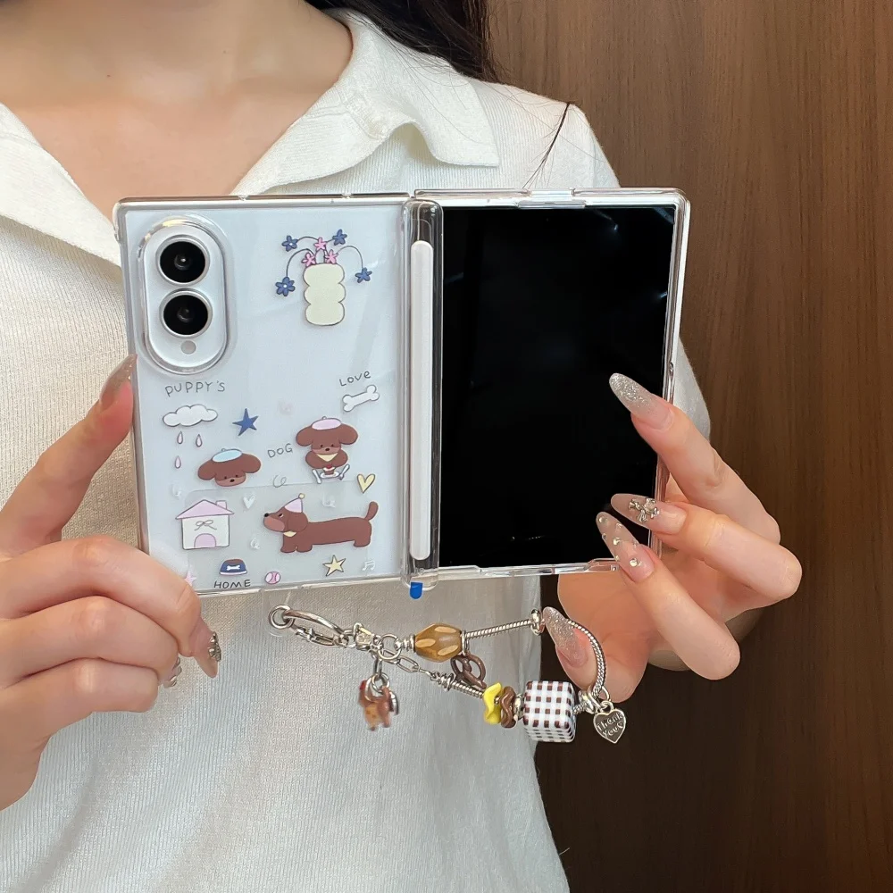 Ins Cute Cartoon Puppy Phone Case for Samsung Galaxy Z Fold 8 Z fold 8 Cover With Charm Kawaii Shockproof Protective Cases Sweet