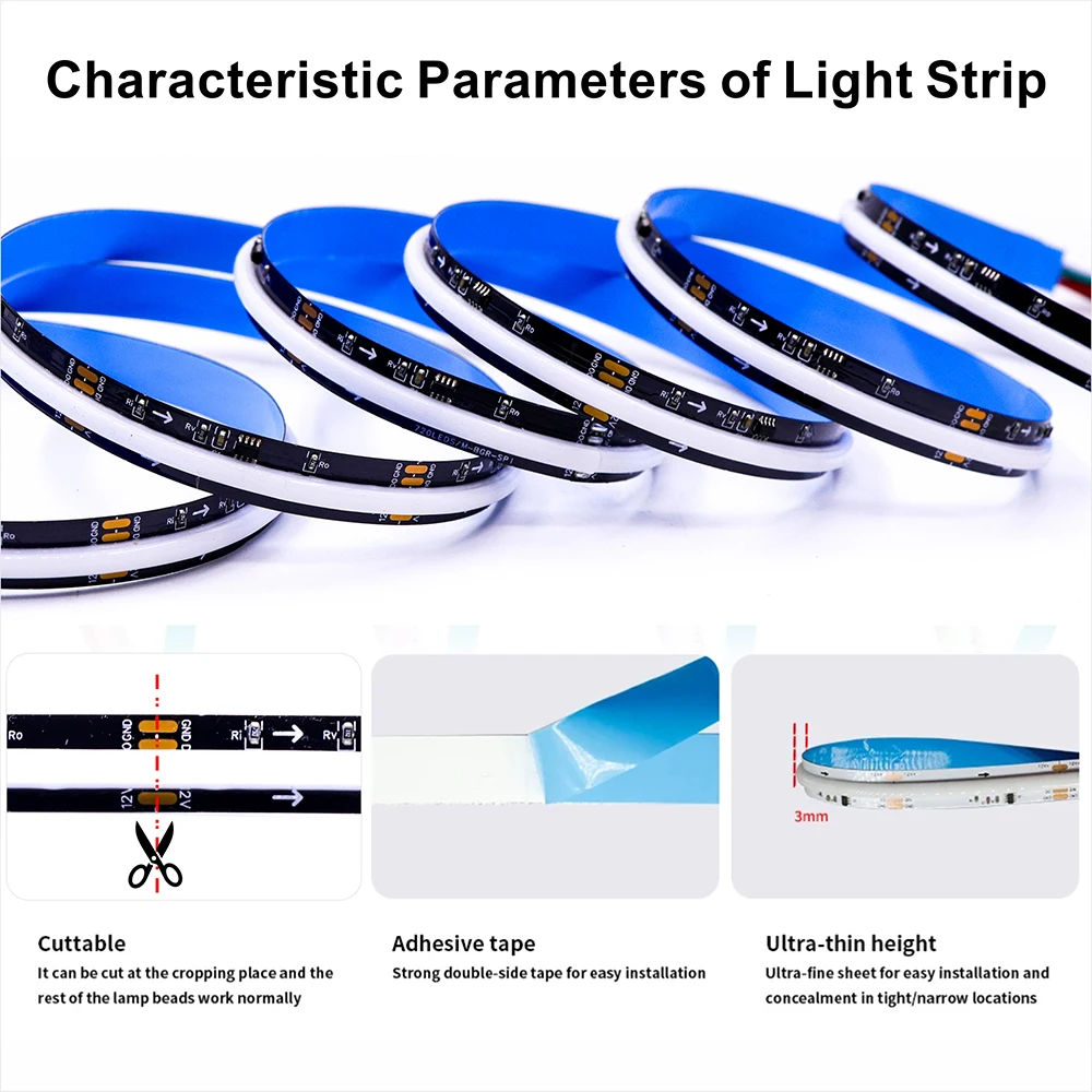 COB RGBIC LED Strip WS2812B: 720 Addressable RGB Pixels Full Color 10mm 12-24V High Density, Flexible FOB WS2811 COB LED Lights