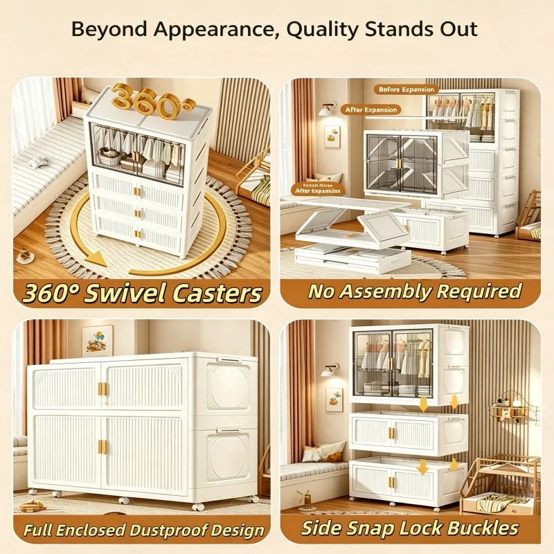  White Foldable Clothing Wardrobe, No Assembly Stackable Portable Plastic Garment Storage Cabinet with Vertical Transparent Dustproof Doors, Built-in Hanging Rod & Elegant Golden Handles, Lockable Silent Rolling Wheels Large Capacity Freestanding Modular
