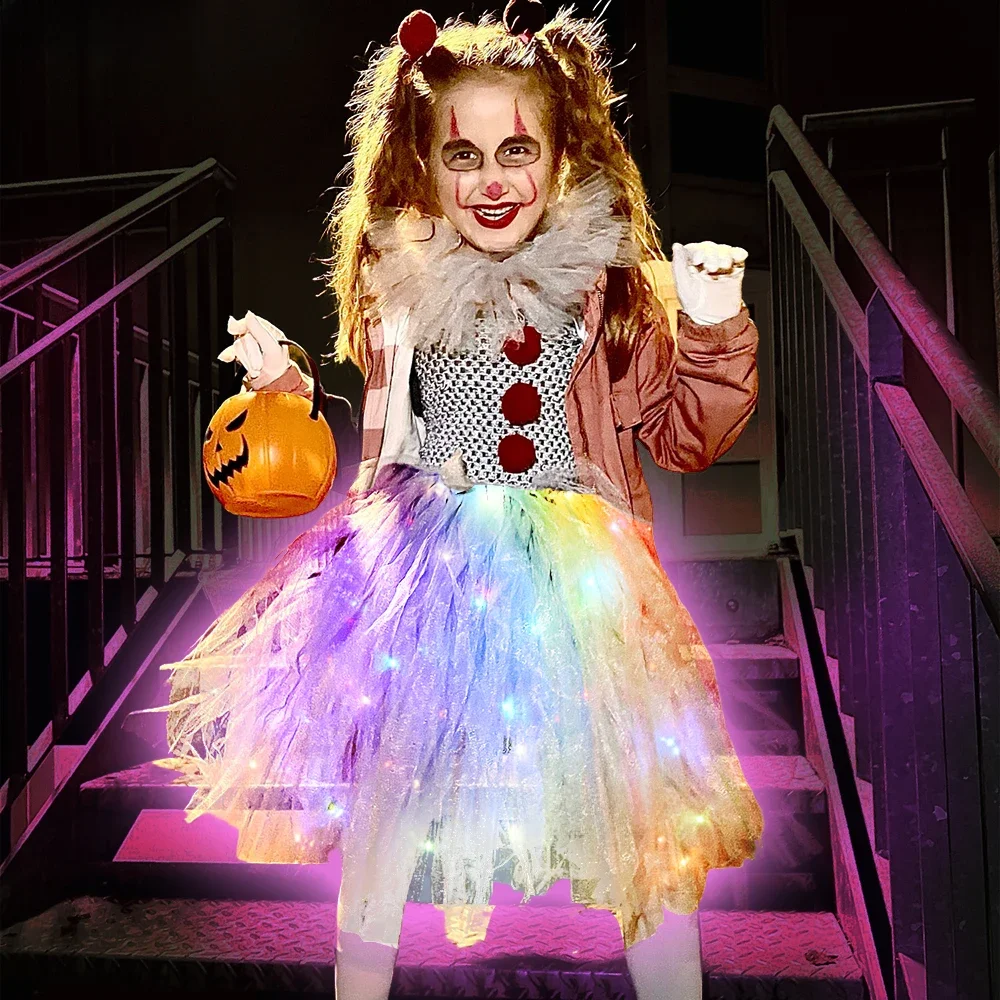 Grauer Clown LED leuchtendes Tutu-Kleid für Mädchen, Karneval, Halloween, Kostüm, Mädchen, Joker, Cosplay, Party, gruselige Kleidung