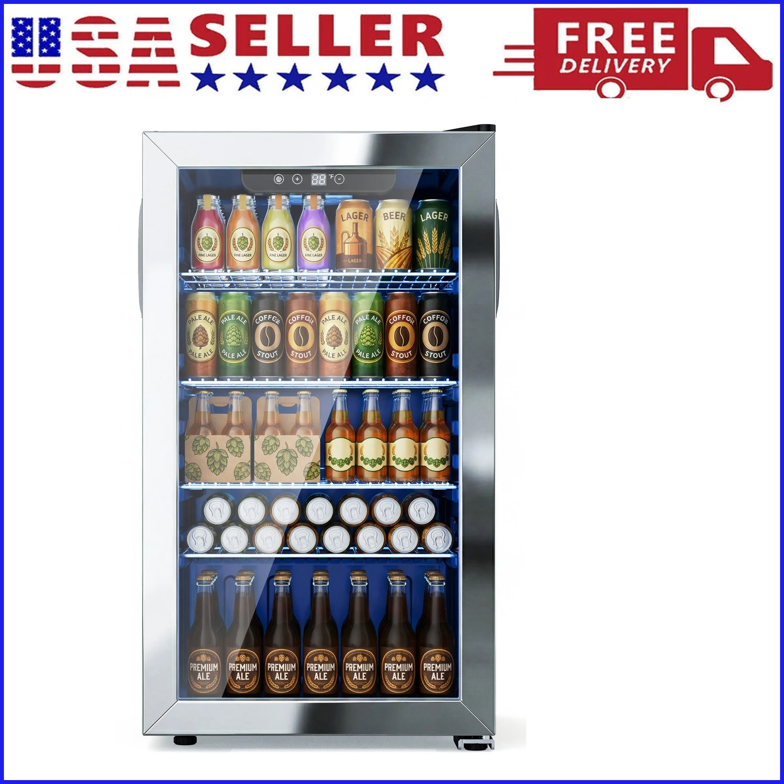 Beverage Refrigerator and Cooler, 130 Can Mini Fridge with Glass Door for Soda Beer for Office, Bar Adjustable Removable Shelves