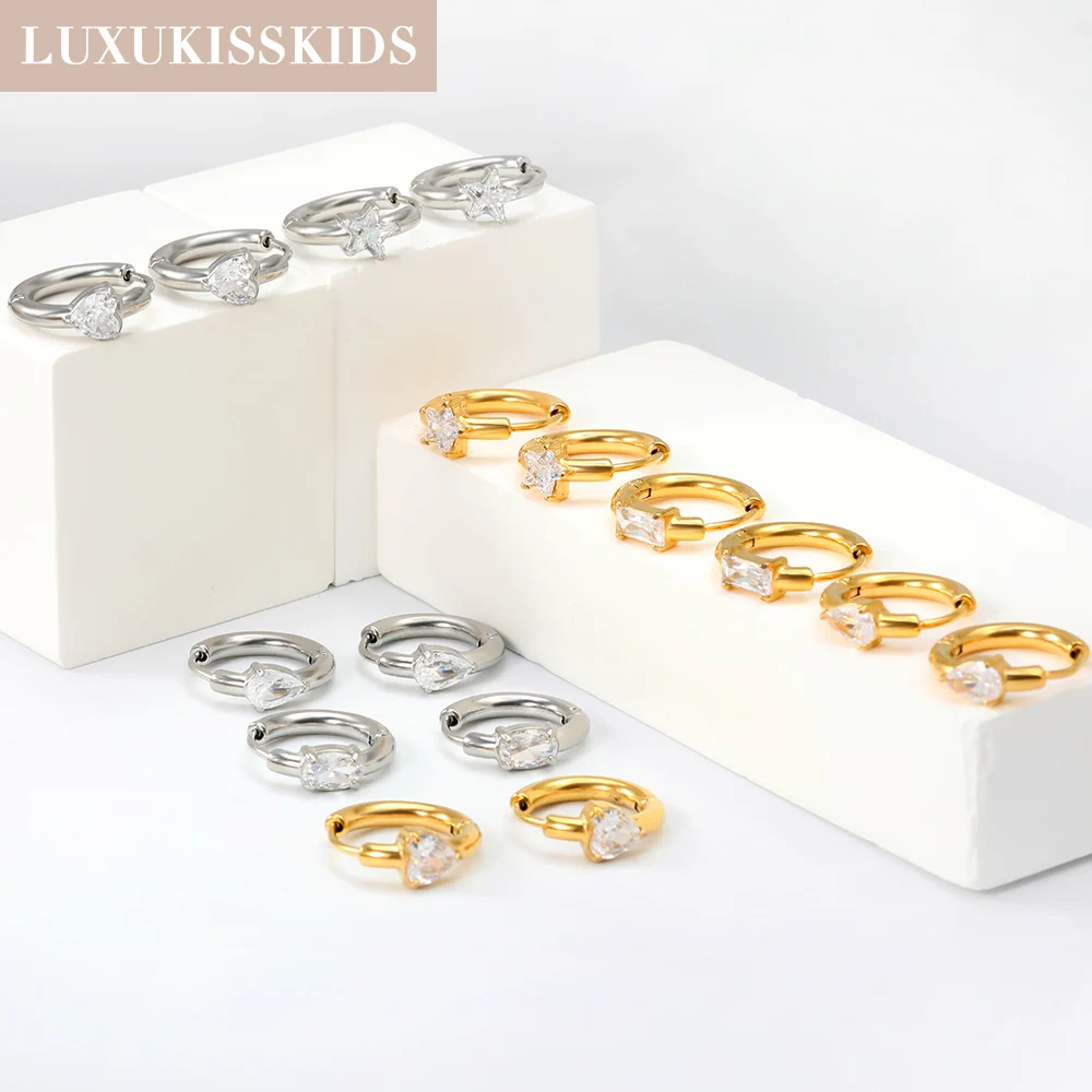 LUXUKISSKIDS 2pcs Stainless Steel Huggie Earrings Hoop Minimalist Star Heart Charms CZ Round Earrings Woman/Men Circle Ear Clips