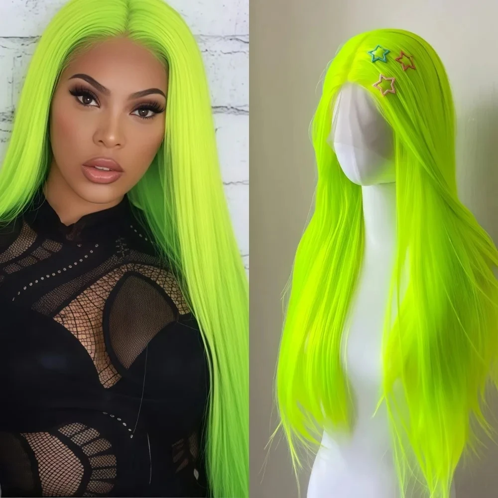 

Зеленый длинный шелковистый прямой мягкий синтетический парик с HD-кружевной передней частью 13x4 для женщин, с предварительно выщипанными и осветленными узлами, без клея, для повседневного использования и вечеринок