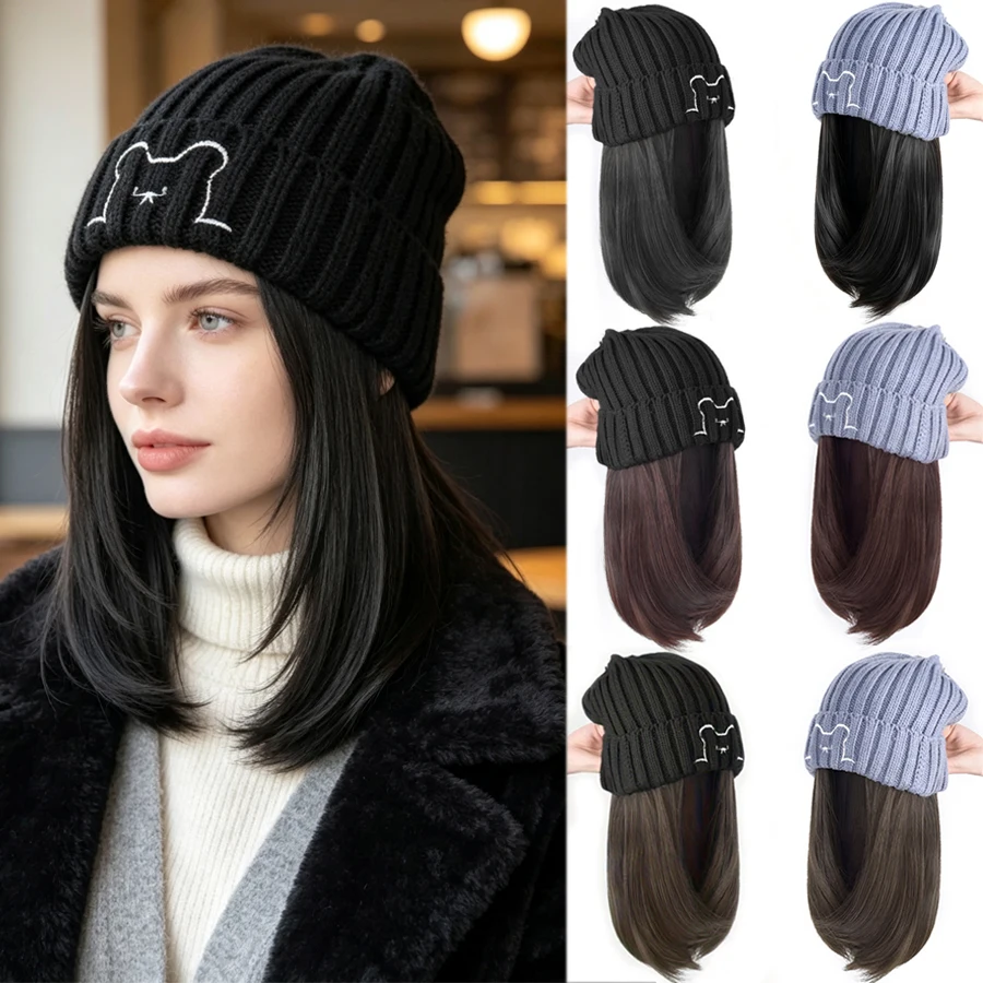 Women Knitted Hat Synthetic Wig, Integrated Clavicle Long Hair Hat Wig, Autumn Winter Hairpiece For Christmas Party