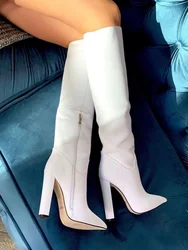 White Matte Leather Knee High Boots Block Heel Zipper Sexy Pointed Toe 2024 Newest Winter Women Autumn Boots