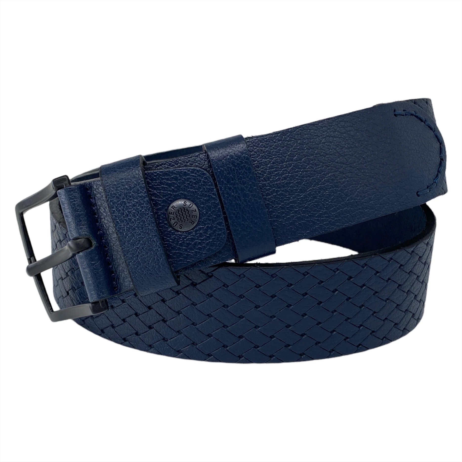 Genuine Real Leather Sports Men \'S Belt Special Production Handwork Denim Jeans Pants Waist Belt Casual Clothing 4 Cm Width navy blue