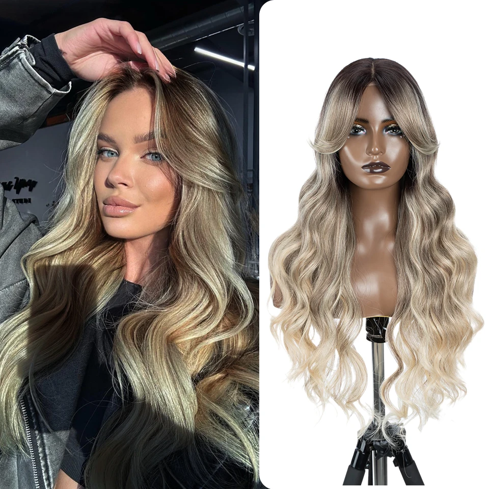 Synthetic Lace Wigs 28 Inch Long Body Wavy Middle Part Lace Wig Brown Ombre Cosplay Daily Wigs For Black Women Heat Resistant