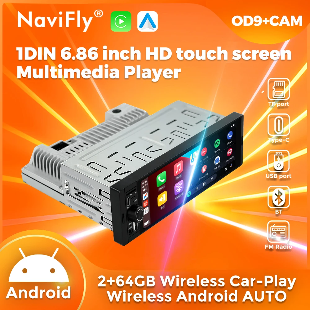 

6,86 "1DIN Android система автомобильный мультимедийный видеоплеер универсальный автомобильный радиоприемник FM USB AUX BT SWC беспроводной Carplay аудио головное устройство