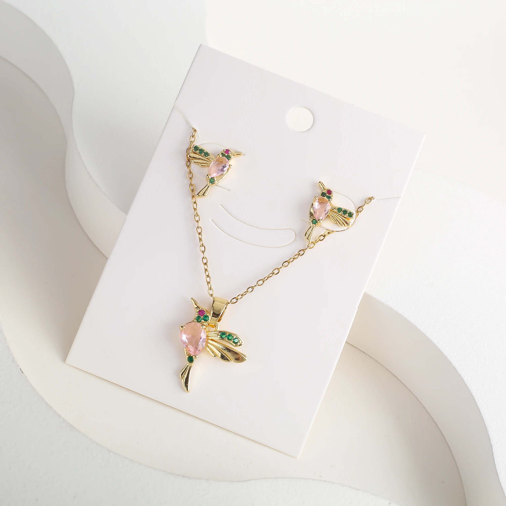 Classic Crystal Hummingbird Pendant Necklace Earring Set 7 Color Zirconia Animal Bird Necklace Girls Party Birthday Wedding Gift