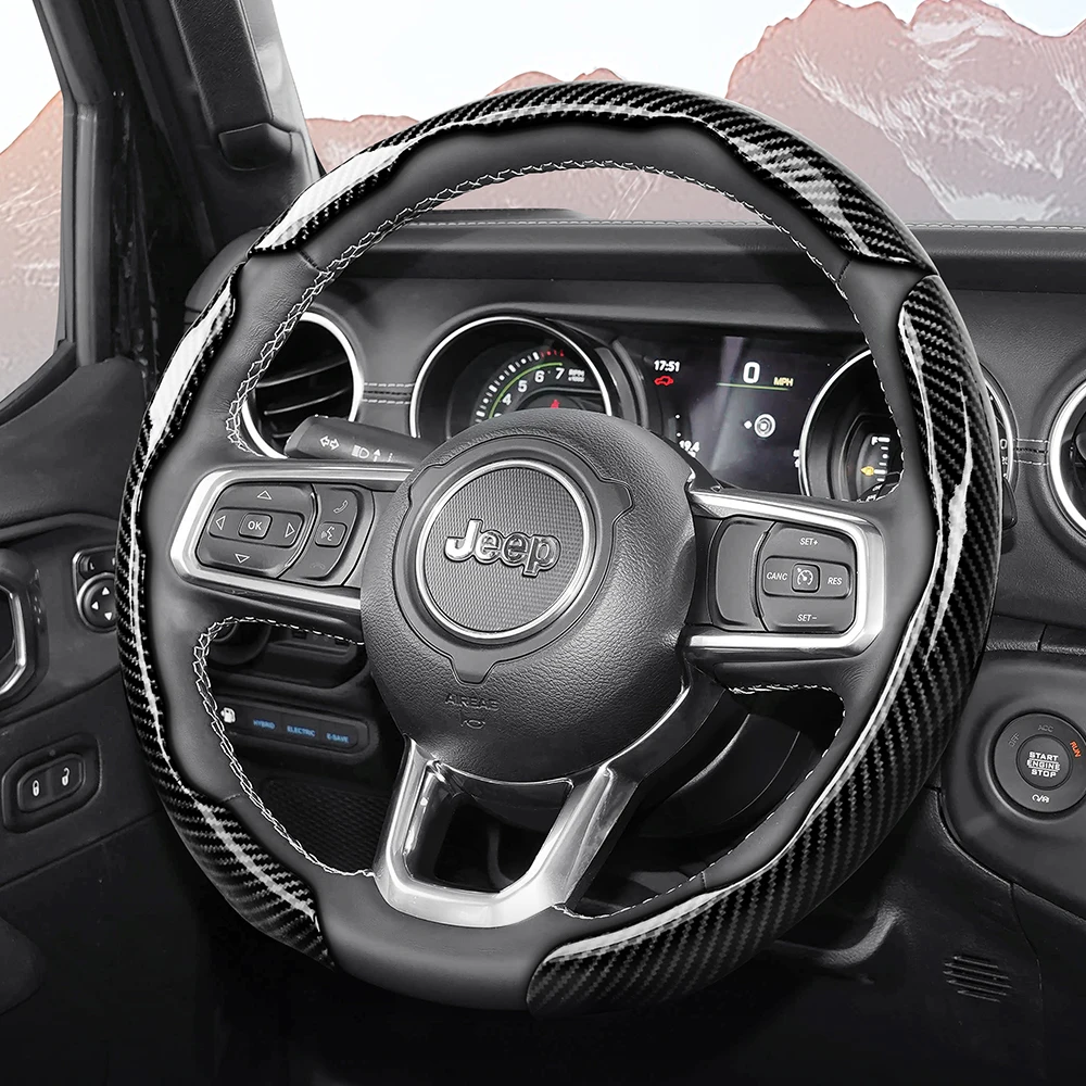 Suitable for Jeep Sporty Glossy Carbon Fiber Texture Steering Wheel Cover Snap-On Protective Shell Grand Cherokee Compass Wrangler Renegade Avenger Grand Wagoneer Gladiator Commander Meridian Black Car Interior Accessories