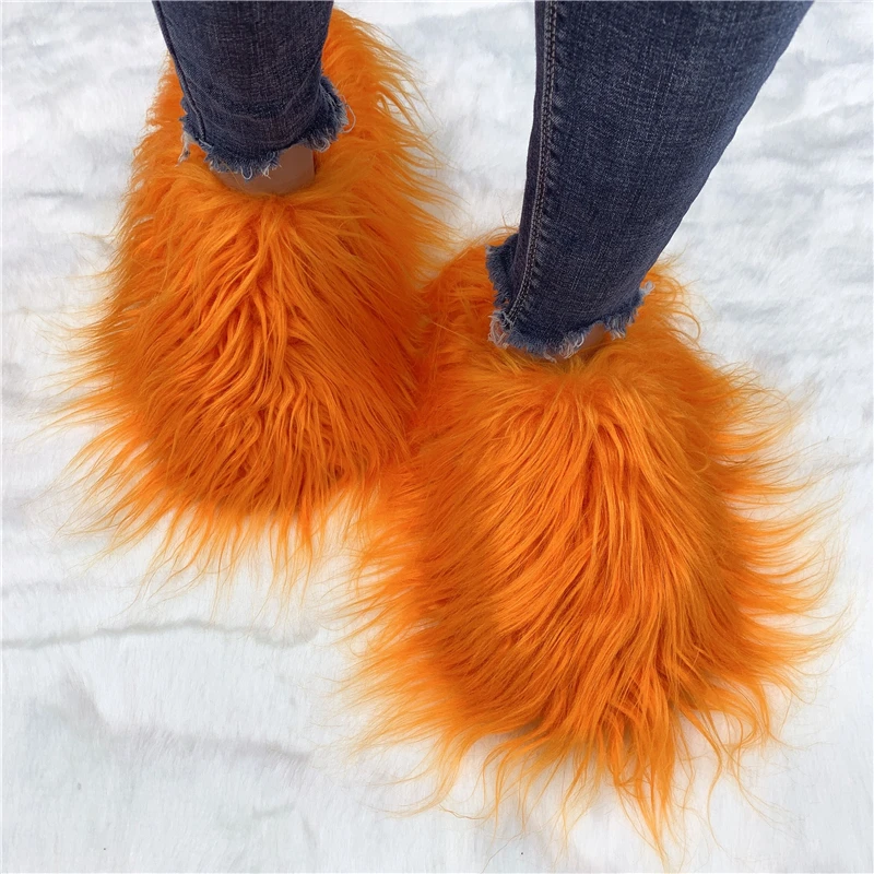 Luxury Fur Slippers Women Round Toe Mongolian Fur Slides Woman Shoes Women Flat Half Slippers