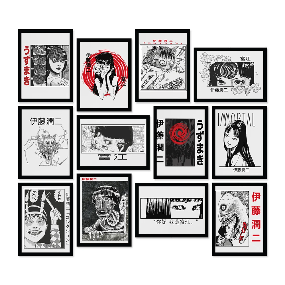 Black White Junji Ito Horror Anime Fear Tomie Manga Art Posters Canvas Painting Wall Prints Pictures for Living Room Home Decor