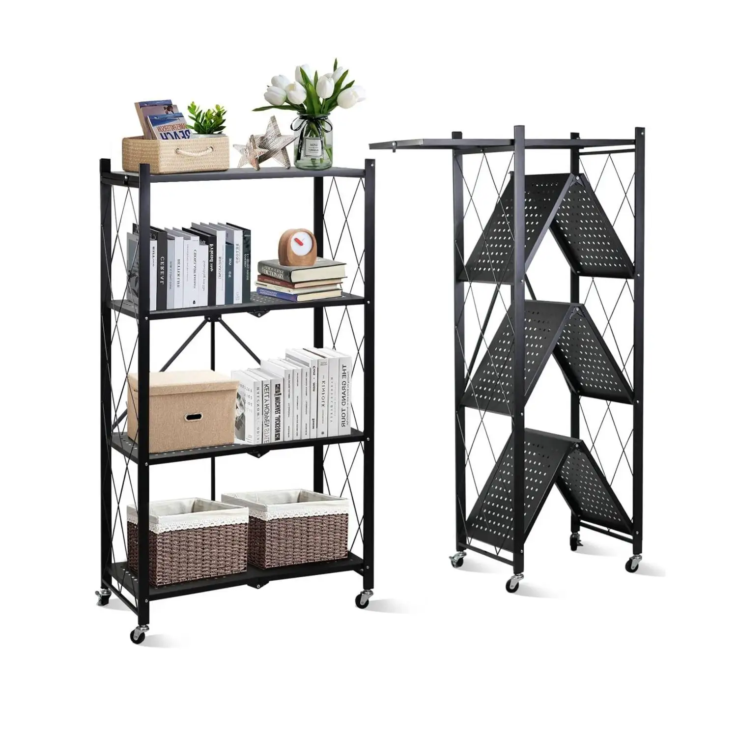 Foldable Storage Organizer 4 Tier, Storage Shelves Kitchen Cabinet Storage Rack, Bookshelf Home,Black