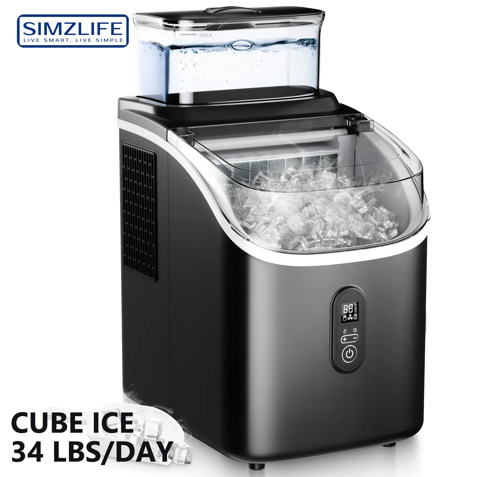 SIMZLIFE Ice Cube Maker Machine with External Water Tank 34Lbs, 16Pcs Ready in 13 Mins Auto-Cleaning for Home Kitchen Office Bar